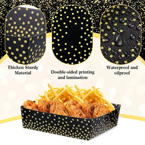 Miniatura 4 de Hushee 50 piezas de suministros para fiesta de graduación de 5 libras de puntos circulares negros y dorados, nachos, bandejas desechables de lunares