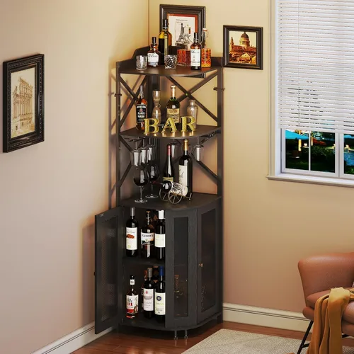 Miniatura 5 de JKsmart Gabinete de Bar de Esquina con Luces LED, Gabinete de Bar de Vino Industrial de 5 Niveles con Portavasos, Gabinetes de Licor Estilo Granja