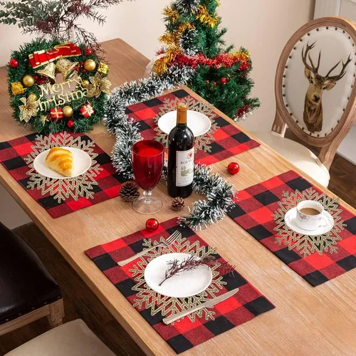 Miniatura 7 de Juegos de manteles individuales de copo de nieve de 12, manteles de mesa dorados calados resistentes al calor para Navidad, Acción de Gracias, bodas