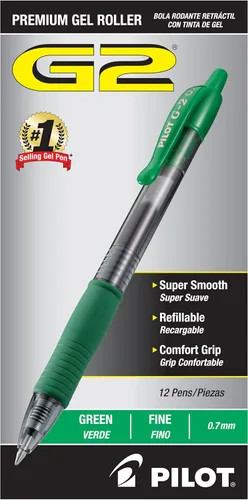 Bolígrafos Pilot G2 Premium de Gel, punta fina de 0.7 mm, bolígrafos de tinta verde de punta fina, paquete de 12 - Ideal para la escuela, para