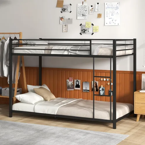 Miniatura 4 de KOMFOTT Litera baja de metal, tamaño individual sobre individual, base de cama resistente con escalera y barandillas de longitud completa, marco