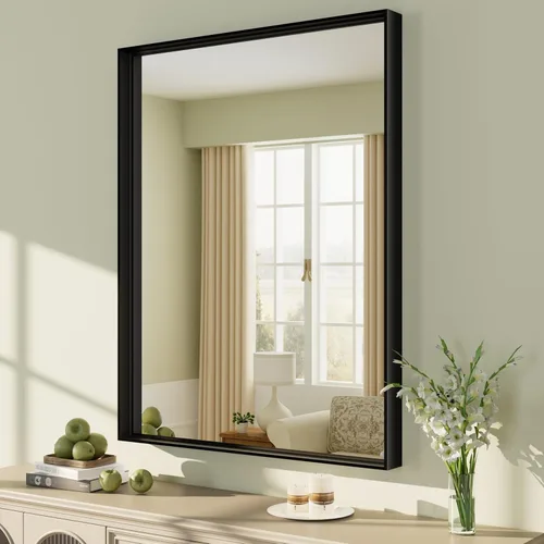 Miniatura 132 de Paquete de 2 espejos de baño con marco de metal negro de 22 x 30 pulgadas, espejo rectangular redondeado negro mate, antioxidante, se cuelga