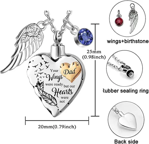 Miniatura 2 de misyou Collar de cremación de corazón para cenizas, joyería de cremación con 12 piedras natales, collar de urna conmemorativa de alas de ángel