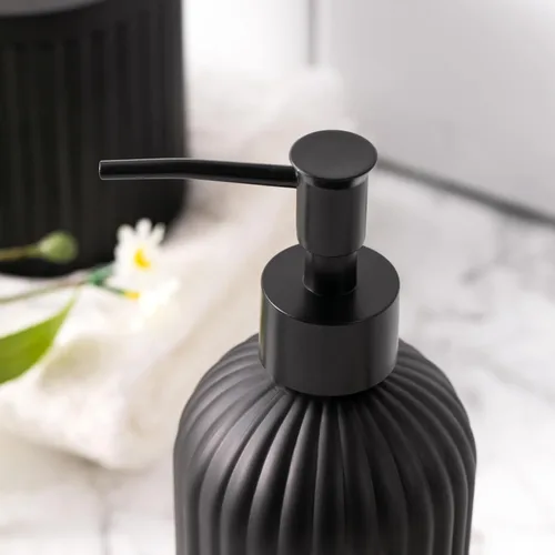 Miniatura 4 de Juego de 4 accesorios de baño de vidrio pesado con patrón decorativo prensado, incluye dispensador de jabón de mano, vaso, jabonera y soporte