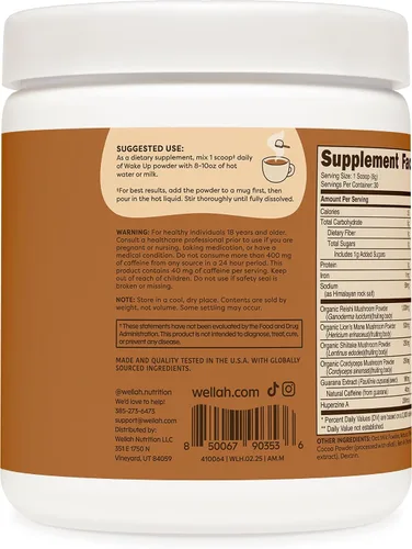 Miniatura 4 de Wellah Wake Up Adaptogenic - Mezcla de bebida de hongos con sabor a moca (30 porciones) – 40 mg de cafeína natural, 2000 mg de complejo de hongos