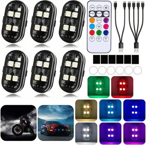 4 LED mejorados, 6 luces estroboscópicas LED inalámbricas con control remoto, 8 colores y 10 modos tipo C recargable IP65 impermeable, luces de