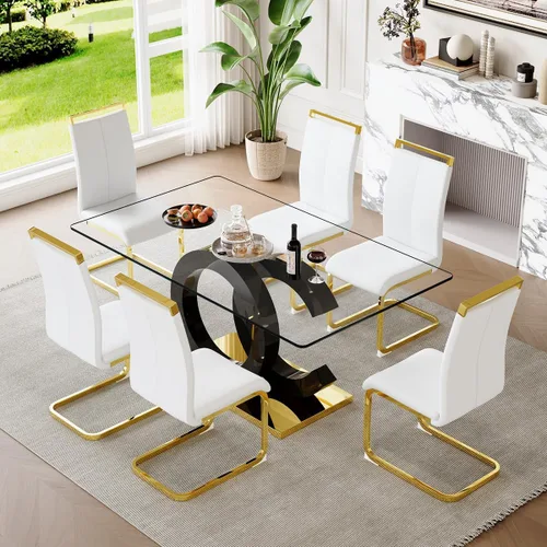 Miniatura 11 de gopop Mesa de comedor de cristal de 63 pulgadas, mesa de cocina moderna, mesa de comedor de vidrio transparente con patas de diseño único negro