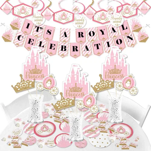 Big Dot of Happiness Corona de princesita – Suministros para baby shower o fiesta de cumpleaños de princesa rosa y dorada – Kit de decoración de