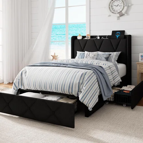 Miniatura 15 de GalnFu Base de cama de tamaño matrimonial con 4 cajones de almacenamiento, plataforma tapizada con estación de carga, moderna cabecera de Beige