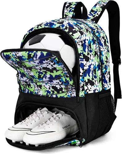 Miniatura 20 de Hsmihair - Mochila de fútbol juvenil - Mochila para fútbol y baloncesto, con compartimento para pelota y tacos separados