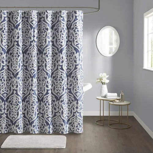 Madison Park Odette - Cortina de ducha de tela con textura jacquard de lujo, diseño de medallón de damasco, lavable a máquina, cortina moderna para