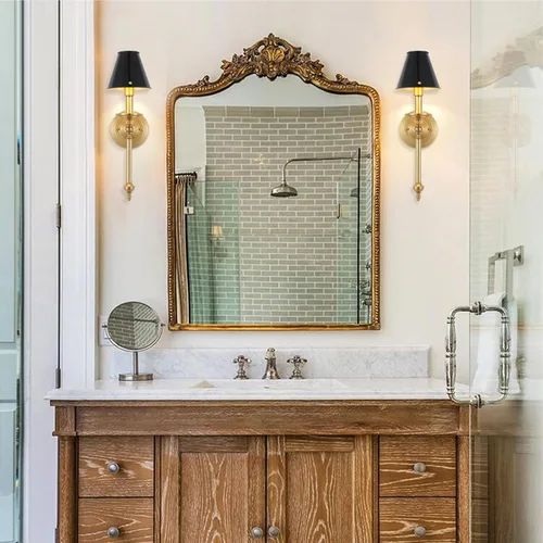 Miniatura 9 de Aplique de pared moderno industrial de mediados de siglo para baño, luz de tocador de latón cepillado con marco acabado y pantalla de metal negro