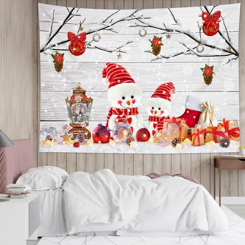 Miniatura 26 de HVEST Tapiz navideño de invierno para colgar en la pared, muñeco de nieve divertido con sombrero azul y tapices de regalo de Navidad, tapiz de pino
