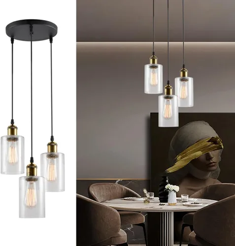 Miniatura 16 de VILUXY Lámpara Colgante de Vidrio Vintage, Iluminación Colgante Individual, Negro con Pantalla de Vidrio Transparente Clásico para Casa de Campo