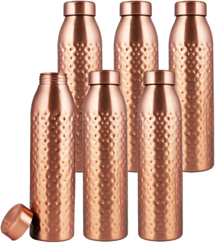 NORMAN JR, 100% Pure Copper Water Bottle 1L - Gift Box of 6, Hammered, Ayurvedic Copper Bottle Gift Set for Women & Men. Best Present For Fathers &