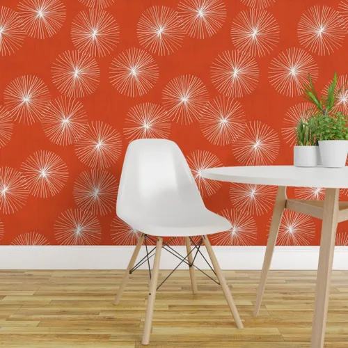 Miniatura 3 de Spoonflower Muestro de papel tapiz extraíble - Dandelions Mid Century Mod Circle Copo de nieve redondo Minimalista Naranja Rojo Papel pintado