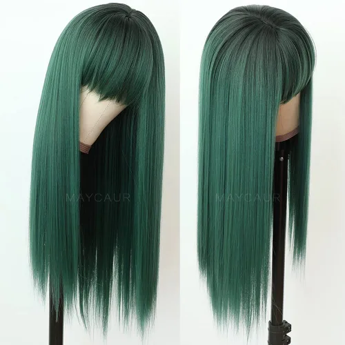 Miniatura 15 de Maycaur Pelucas de cabello sintético de color rubio con flequillo completo #613, color largo y liso, resistente al calor, pelucas sin encaje