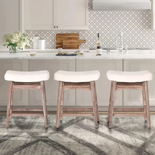 Miniatura 28 de ALPHA HOME Taburete de bar, taburete de cocina de silla de montar de madera maciza con cojín de tela de lino beige, taburete de bar de altura