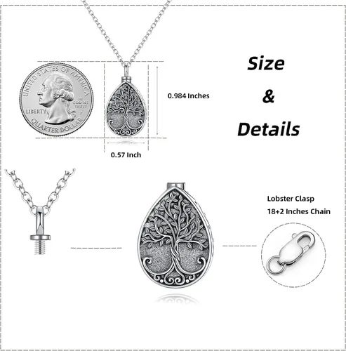 Miniatura 59 de Collar con colgante de urna de cenizas de cremación y árbol de la vida para mujer, plata de ley US1