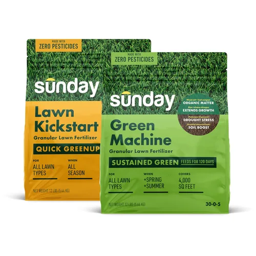 Sunday Lawn Kickstart + Green Machine Granular Lawn Fertilizer Mixed Pack, Quick Green-Up + Sustained Growth, 25-0-4 and 30-0-5 NPK, Zero