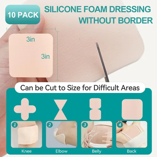 Miniatura 5 de Dimora Apósitos de Espuma de Silicona Sin Borde Paquete de 10 - 3" x 3" Altamente Absorbentes Adhesivos Impermeables para Heridas, Almohadillas