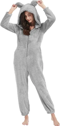 Miniatura 5 de COZYPOIN Pijama con capucha de forro polar para mujer, con cremallera, ropa de dormir con orejas