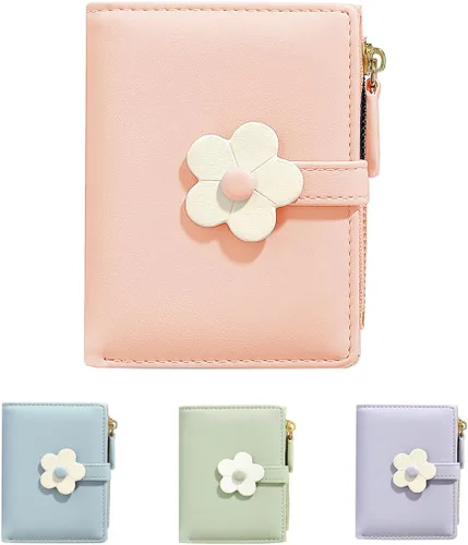 Miniatura 44 de MEISEE Billetera pequeña para niñas y mujeres, billetera de tres pliegues, bolsillo para efectivo, con estampado de flores, monedero con ventana