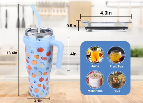 Miniatura 6 de Zenbo Vaso térmico de 50 onzas con asa y tapa con popote, vasos aislados de acero inoxidable, mantiene las bebidas frías hasta 34 horas, cabe