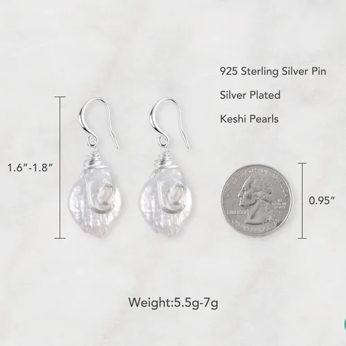 Miniatura 5 de Pendientes colgantes de perlas Keshi barrocas de agua dulce de 0.984-1.181 in para mujer
