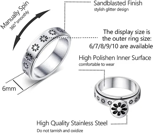 Miniatura 5 de KELAIEN 8 anillos de acero inoxidable para mujeres y hombres, anillos giratorios para ansiedad, anillos giratorios, flores, luna, estrella, sol