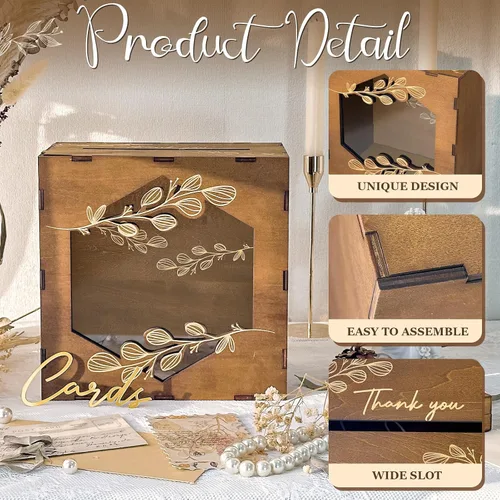 Miniatura 5 de Caja de tarjetas de boda marrón OurWarm con ventana de acrílico, caja de tarjetas de regalo de madera para decoraciones de recepción de boda, caja