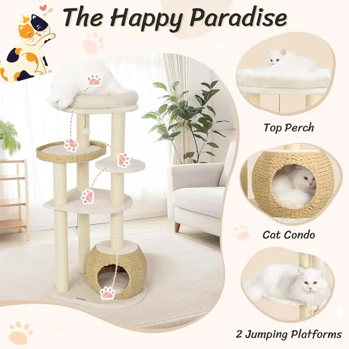Miniatura 7 de KAMABOKO Árbol Moderno para Gatos, Torre de 53 pulgadas para Gatos de Interior, Postes Rascadores de Sisal Natural, Condominio Tejido a Mano