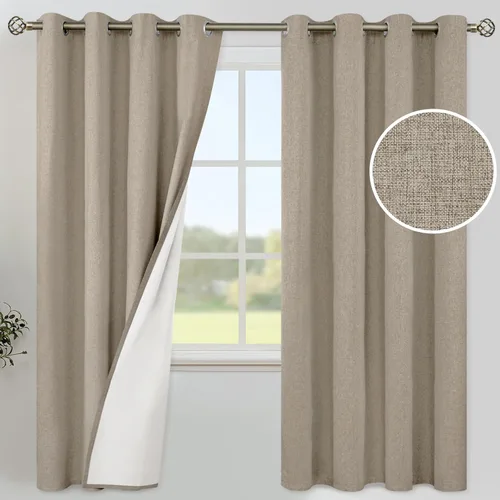 Miniatura 81 de YoungsTex - Cortinas de lino beige 100% opacas para dormitorio de 63 pulgadas de largo, cortinas cortas con aislamiento térmico y ojales