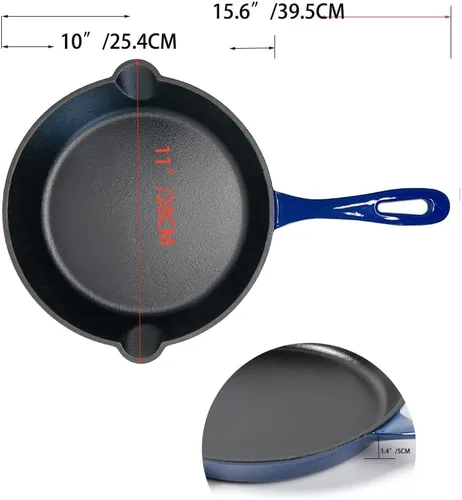 Miniatura 2 de HAWOK Sartén esmaltada de hierro fundido, sartén, DIA.10 pulgadas, con cubierta de asa, azul Azul marino