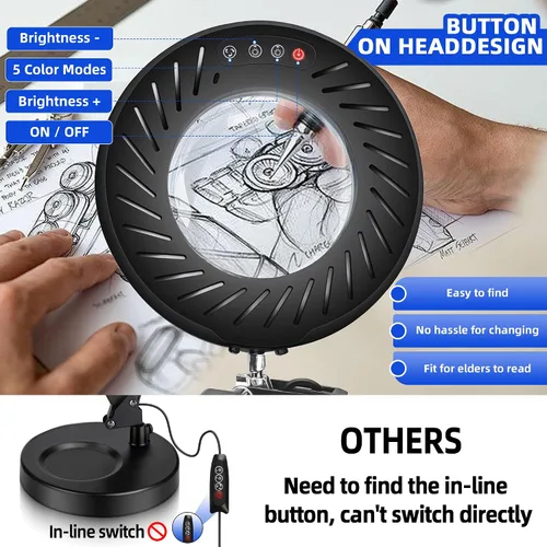 Miniatura 6 de Akynite 12 lupas con luz y soporte, lámpara de escritorio con lupa de cristal real de 144 LED con base y abrazadera, 5 modos de color, lupa