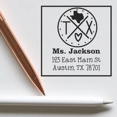 Texas State Love - Sello de dirección cuadrado, uso con almohadilla de sellos, sello de correo de Texas, tamaño 1-5/8 pulgadas Manija de madera
