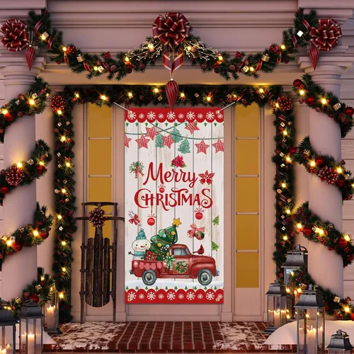 Miniatura 3 de SENSEVEN Cartel de puerta de Feliz Navidad – Cubierta grande de árbol de pino de invierno, muñeco de nieve roja, telón de fondo de bienvenida