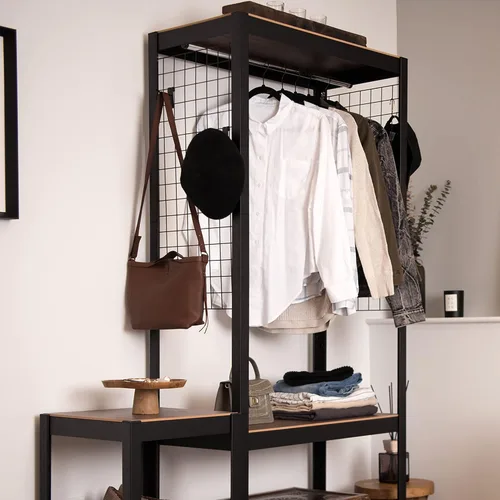 Miniatura 2 de KEPSUUL - Perchero de doble riel negro resistente para armario, estante modular personalizable de metal alto y almacenamiento con tablero de malla
