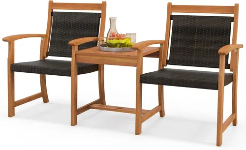 HAPPYGRILL Juego de sofá biplaza de madera de acacia con mesa auxiliar, 3 en 1, silla de banco de mimbre de ratán con agujero para sombrilla para