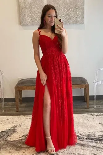 Miniatura 2 de Vestidos de fiesta con tirantes delgados para mujer, apliques de encaje, hombros descubiertos, tul sexy, dividido, largo, formal, vestidos de fiesta