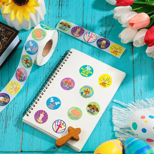 Miniatura 3 de 1000 calcomanías de Pascua "He is resucitado" en forma de rollo surtidas de Jesús, cristiano, religioso, cruz religiosa, calcomanías de la Biblia