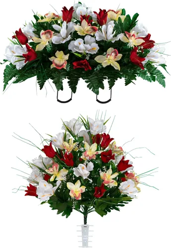 Miniatura 26 de Sympathy Silks Flores de cementerio artificiales - Decoración de tumbas - Tulipanes rojos e iris blancos (1) Ramo Rojo Blanco