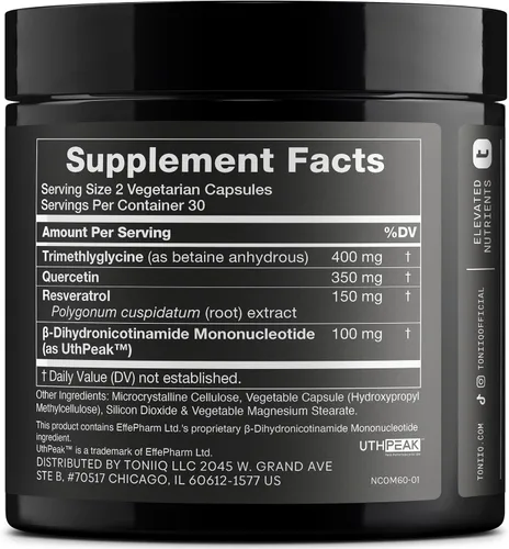Miniatura 2 de Toniiq Suplemento NMNH – Complejo de 1,000 mg de potencia ultra alta con Uthpeak™ NMNH clínicamente estudiado, resveratrol, quercetina y TMG
