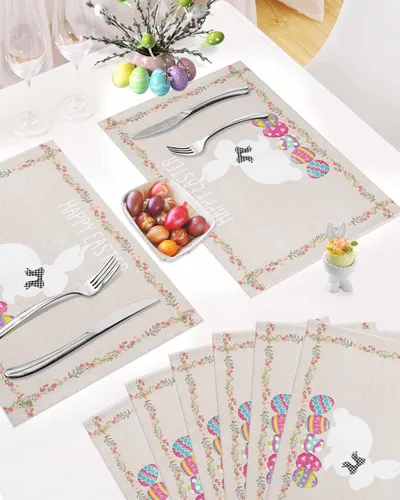 Miniatura 6 de Juego de 4 manteles individuales con diseño de conejo de Pascua para decoración de mesa de Pascua, huevos de Pascua para bodas, fiestas, cocina