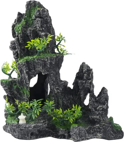 Adornos Grandes para Acuario - Adorno de Acuario con Vista a la Montaña, Casa en el Árbol, Cueva, Puente, Resina, 10.24x9.45x5.12 pulgadas, C