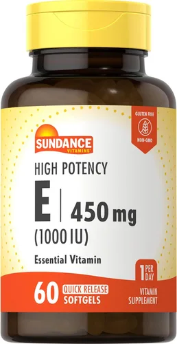 Sundance Vitamina E de alta potencia | 450 mg (1000 UI) | 60 cápsulas blandas | Suplemento vitamínico esencial | Fórmula sin OMG y sin gluten