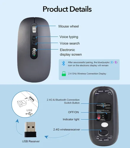 Miniatura 7 de Ratón inalámbrico AI con grabadora de voz y audio, mouse Bluetooth inalámbrico para MacBook/PC/portátil, diseño silencioso, USB-C recargable de 2.4