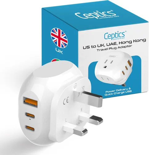 Ceptics - Adaptador de enchufe de viaje para Reino Unido e Irlanda - 5 entradas con 20W PD-QC 3.1A USB-C dual y USB - Peso ligero - De EE. UU. a