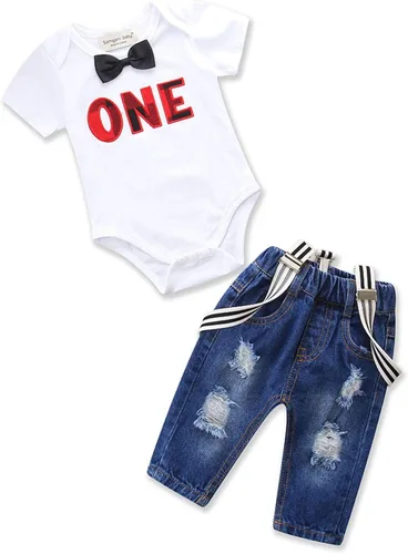 Miniatura 42 de Conjunto de ropa de cumpleaños para bebé niño pequeño, con tirantes, pantalones de mezclilla rasgados