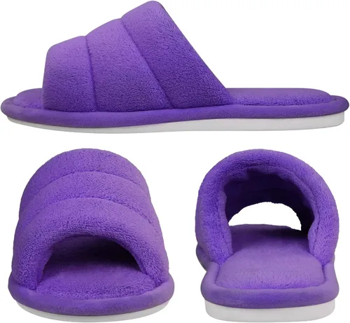 Miniatura 3 de shevalues Pantuflas de tela de rizo con punta abierta para mujer, pantuflas de espuma viscoelástica